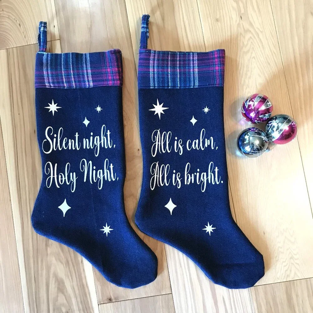 Denim Christmas Stocking, Old Fashioned Holiday Home Decor Silent Night Lyrics
